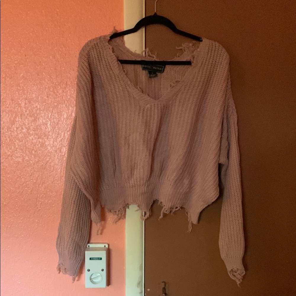 Polly and Ester Pink Distressed Off the Shoulder Sweater